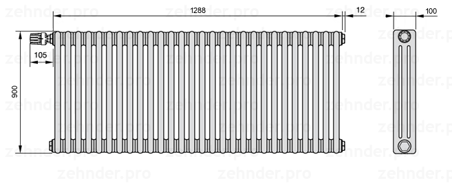 Схема (чертеж) Радиатор Zehnder Charleston 3090/28 №V012 Белый глянцевый RAL 9016